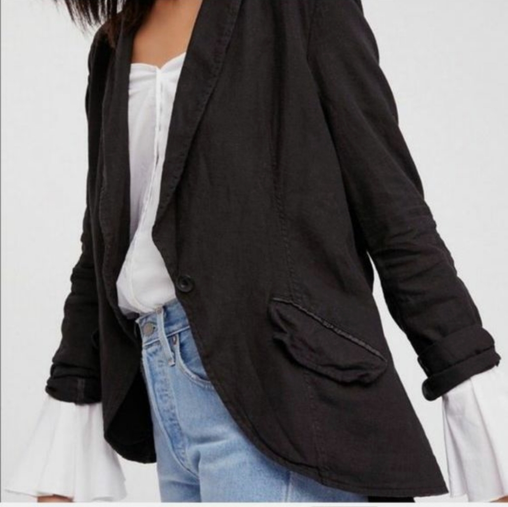 Free People Jacket Women's S Black Linen Blend One Button Blazer